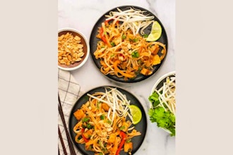 Pad Thai with Tofu, Tom Kha Soup, Coconut Ice Cream